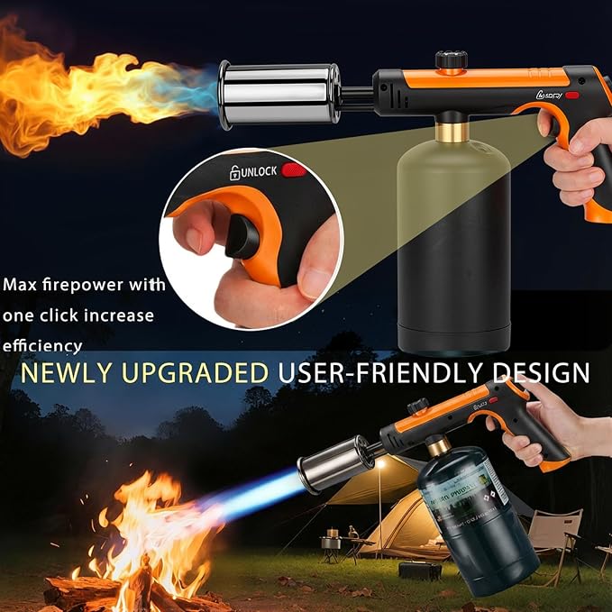 Propane Torch Gun With One-Touch Max Fire, Adjustable Kitchen Torch, Powerful Propane Torch With Many Safety Features(Tank Not Included)