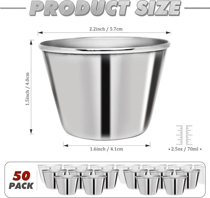 DJZZ 50 Pcs Metal Sauce Cups 2.5oz Ramekins, Stainless Steel Dipping Sauce Cups Metal Condiment Container Reusable Round Butter Dressing Restaurant Small Bowls (50)