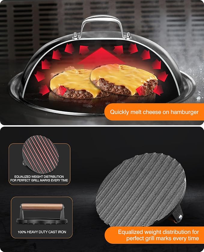 HOMENOTE Griddle Accessories for Blackstone, Commercial Grade 12 Inch Heavy Duty Melting Dome with Round Cast Iron Smash Burger Press Perfect for Flat Top Hibachi Grill Outdoor Indoor