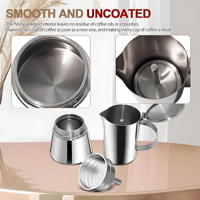 304 Thickened Stainless Steel Uncoated 6 Cup Moka Pot Coffee Maker Stovetop Espresso Coffeemaker Italian Classic Brewing Greca Cafe Mocha Machine for Cafeteras Camping Travel Home 300ml 10oz