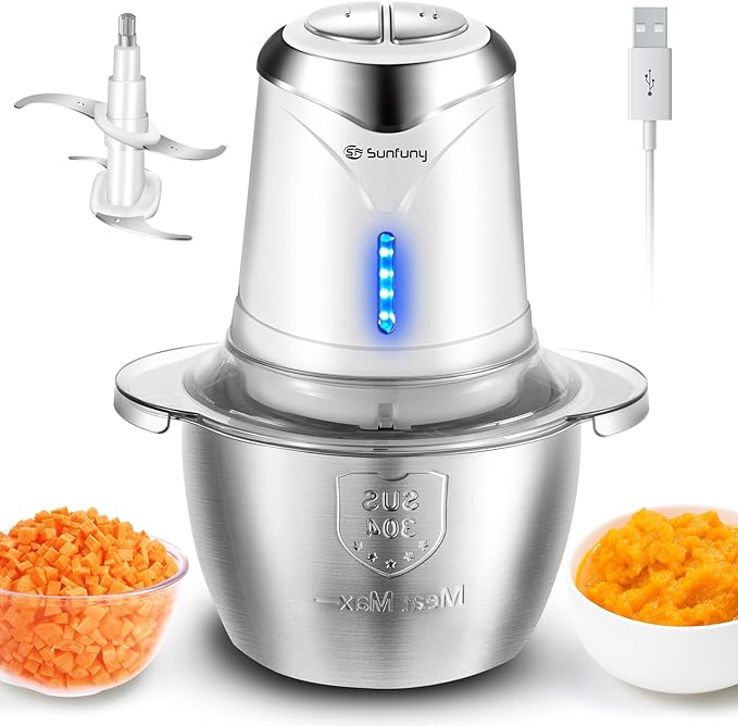 Food Processor Cordless Vegetable Chopper with 5 Cup Stainless Steel Bowl＆6000mAh USB Rechargeable Battery, Electric Garlic Meat Choppers BPA-free Baby Food Processors Blender Mincert(White)