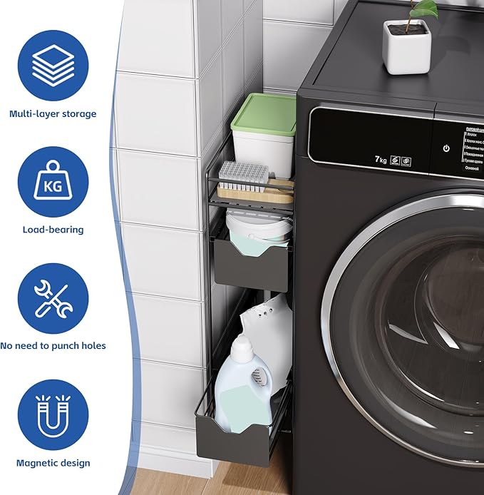 CABTE 3 Tier Magnetic Shelves for Washing Machine with Pull Out Metal Drawer,Magnetic Spice Rack for Fridge,Magnetic Rack with no Installation, Versatile Storage Organizers for Home (Black, 3 Tier)