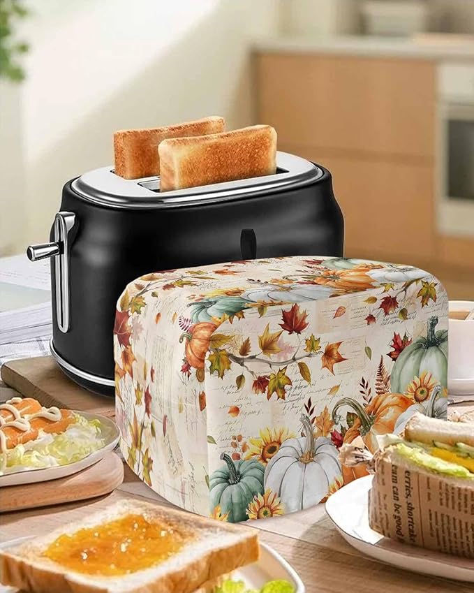 Green White Pumpkins Fall Toaster Cover 2 Slice, Thanksgiving Maple Leaf Dustproof Bakeware Oven Protector with Top Hook, Autumn Waterproof Small Kitchen Appliance Toasters Dust Cover, 12"x7.5"x8"