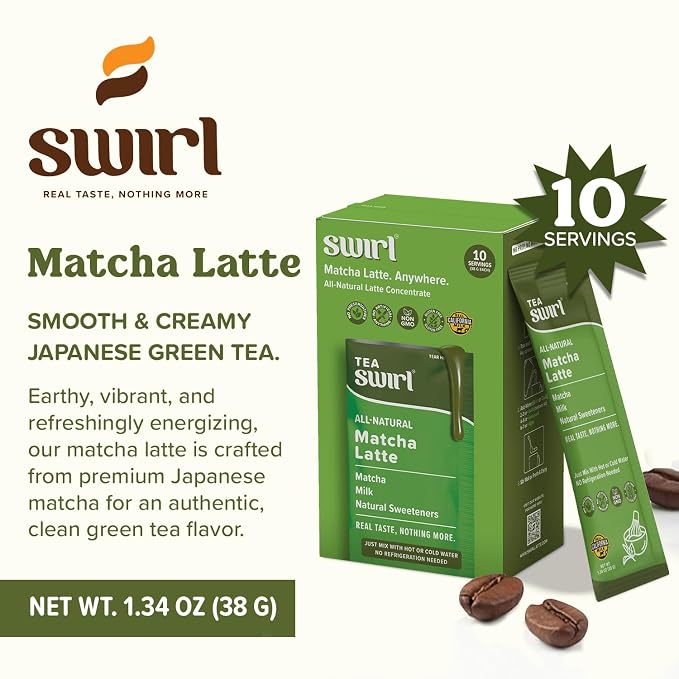 Swirl - Matcha Latte - Smooth, Creamy Japanese Green Tea Milk Blend, Single Serve, Travel Ready, No Refrigeration Required - 38g per pack 10 packets