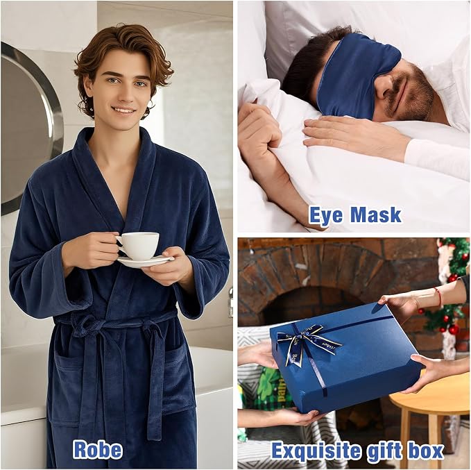 Nuogo 15 Pcs Birthday Gifts for Men Beard Care Set for Him Dad Birthday Gifts Basket Ideas Kit for Men Tumbler Bath Robe for Father's Day Dad Husband Boyfriend Box(Unhooded,Navy)