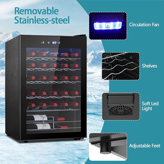 COWSAR 37 Bottle Wine Fridge, Freestanding Commercial Beverage Refrigerator with Smart Temp Control, 4.45 Cu.Ft Mini Fridge Wine Cooler with Child Lock& Wavy Wire Shelves for Kitchen Bar, Black