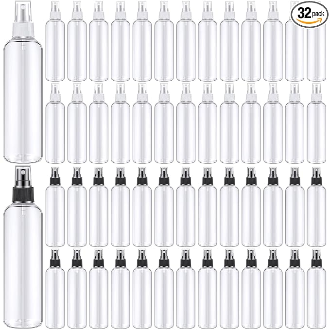 Eccliy 32 Pcs 8 oz Spray Bottles Fine Mist Cleaning Bottles Clear Empty Plastic Travel Sprayer Refillable Sprayer with Cap for Cleaning Solutions Oils Travel Perfumes(Mix,Clear)