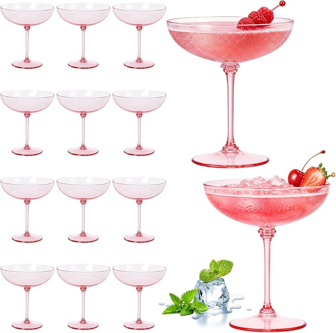 LemonRoad 12 Pcs Plastic Coupe Glasses 9 oz Disposable Martini Glasses for Cocktails, Champagne, Desserts and Espresso, Drinkware Set for Weddings, Birthday Parties, Home Bars (Pink)