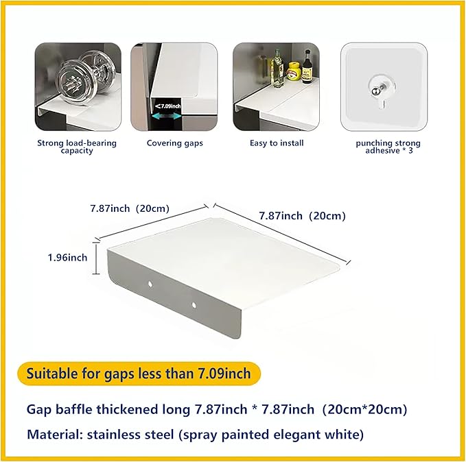 Metal Kitchen Refrigerator Gap Partition Countertop Gap Extension Board,Gap Covers Between Countertop and Walls, Refrigerator Side Partition, No Drill(White,7.87 * 7.87inch)