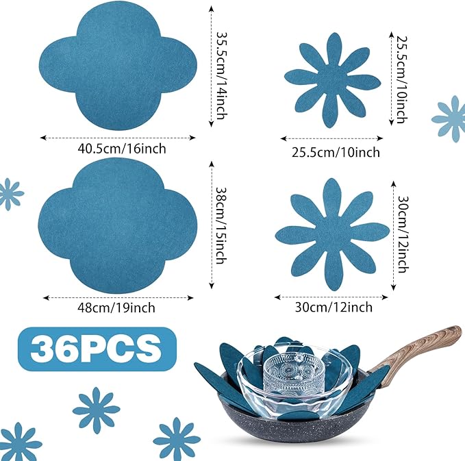 Queekay 36 Pcs Felt Pot Pan Protectors Dish Dividers Separators Bakeware Cookware Scratch Protectors Different Sizes, Thicker Pan Pads for Stacking Cookware Organizing Protecting(Gray Blue)
