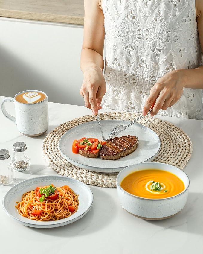 Hasense Plates and Bowls Sets, 3 Pieces Modern Porcelain Dishes Sets, Stoneware Dinnerware Sets with Speckled Pattern, Scratch Resistant Microwave and Dishwasher Safe, White