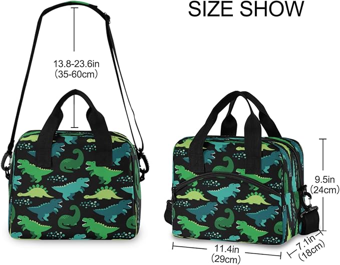 OREZI Green Diniosaur Lunch Bag for Boys Girls,Dinosaur Children Reusable Lunch Bags Lunch Box Container with Detachable Shoulder Strap,Insulated Lunch Coolers for School Work