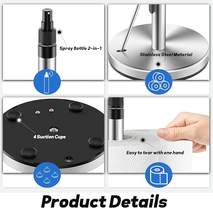 DAWNER Standing Paper Towel Holder with Spray Bottle, Weighted Base with Suction Cups, Paper Towel Stand with Spring-Loaded Arm for Kitchen, Countertop, Stainless Steel Brushed Nickel Finish