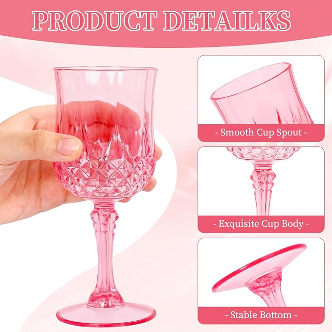 24 Pack Pink Plastic Wine Glasses, Vintage Plastic Goblets for Parties, Drinking Glasses Unbreakable Glassware Crystal Water Goblets Reusable Drinkware for Wedding Reception Grand Event Party