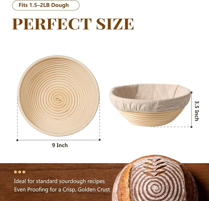 BAVIFY Sourdough Starter Kit, Banneton Bread Proofing Baskets Set | 2-Pack 9 in Round Banneton Basket, Indonesian Natural Rattan, Bread Proofing Bowl for Dough Rising, Fits up to 2.2 lb Dough