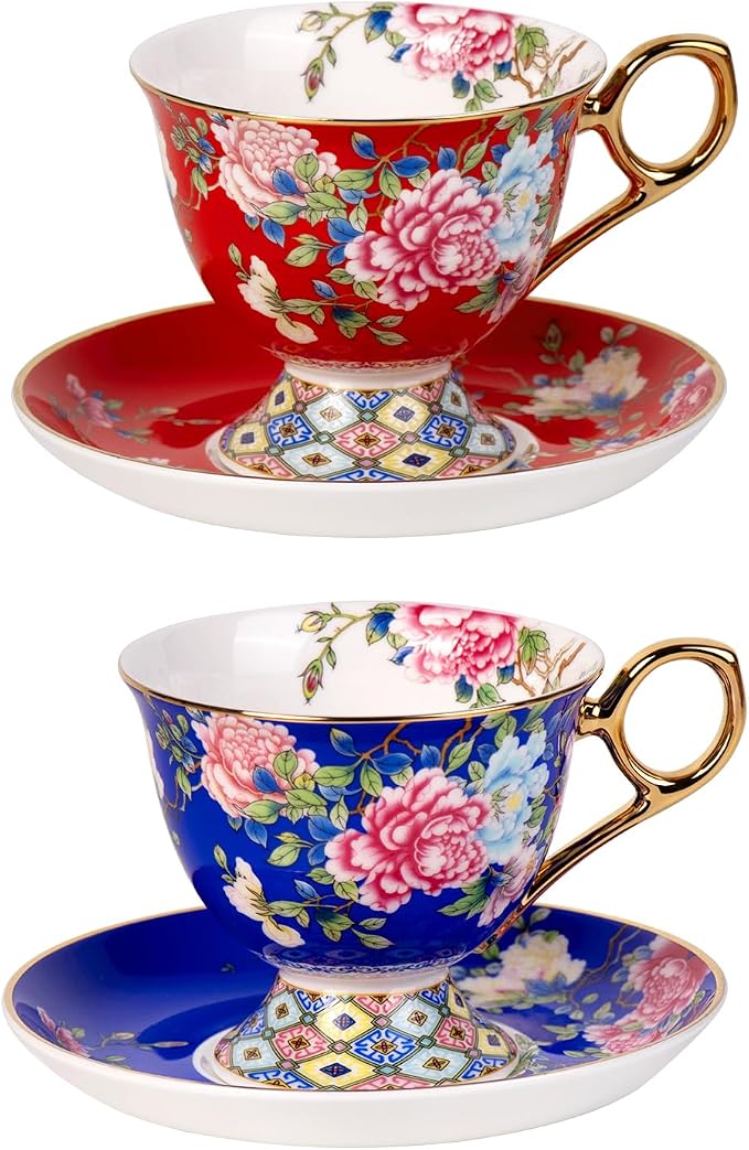 KAMMAK Tea Cups and Saucers Set of 2, Porcelain Coffee Cups, 9.8oz Stackable Espresso Mugs, Ceramic Demitasse for Coffee, Latte, Americano, Tea (635N+636N)