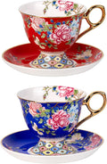 KAMMAK Tea Cups and Saucers Set of 2, Porcelain Coffee Cups, 9.8oz Stackable Espresso Mugs, Ceramic Demitasse for Coffee, Latte, Americano, Tea (635N+636N)