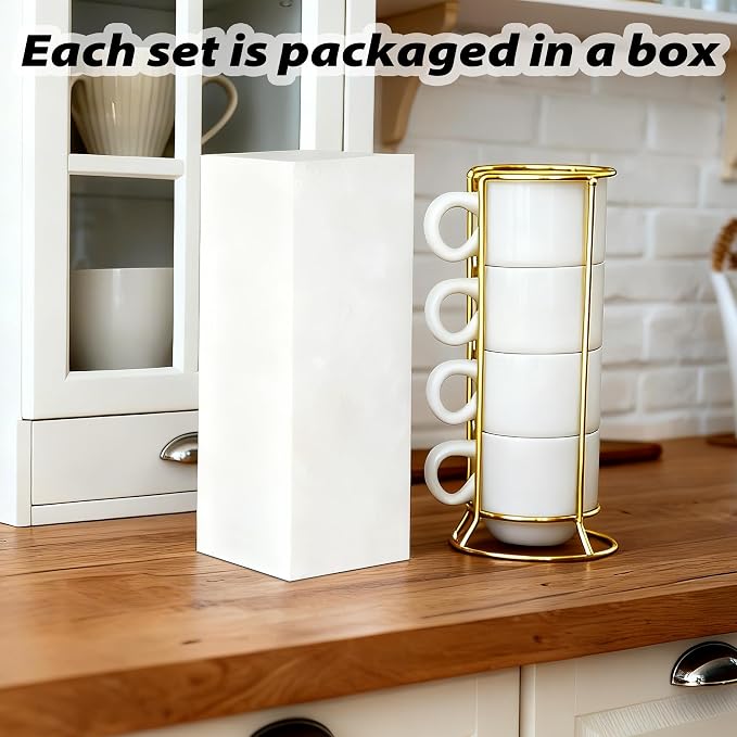 6oz Sublimation Coffee Mugs Set of 4, Blank Stackable Coffee Mugs with Rack Porcelain Stackable Cappuccino Cups with Metal Stand for Coffee, Tea, Cocoa, Milk (4 Set of 16 Pcs Mugs)