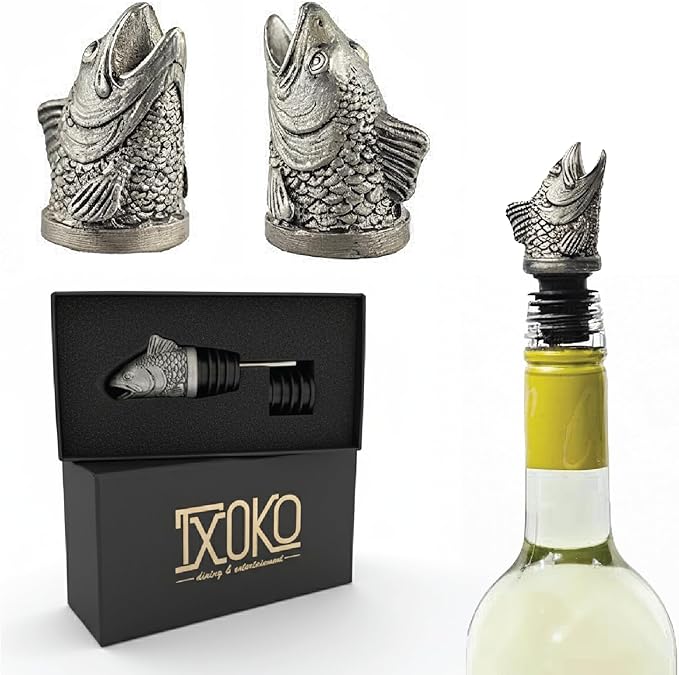 TXOKO Premium Stainless Steel Wine Pourer, Aerator and Decanter - Pour Spout for Red, White and Rose Wine, Liquor and Olive Oil! Gift Box Packaging includes extra stopper.