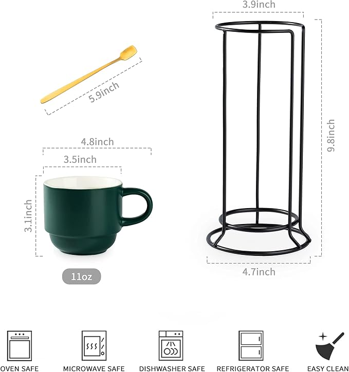 YHOSSEUN Stackable Coffee Mugs, Coffee Mug Set of 4 with Rack and Spoons, 11 oz Tea Cup Set for Espresso Drinks Cappuccino Latte, Coffee Cup Christmas Gift, Dark Green