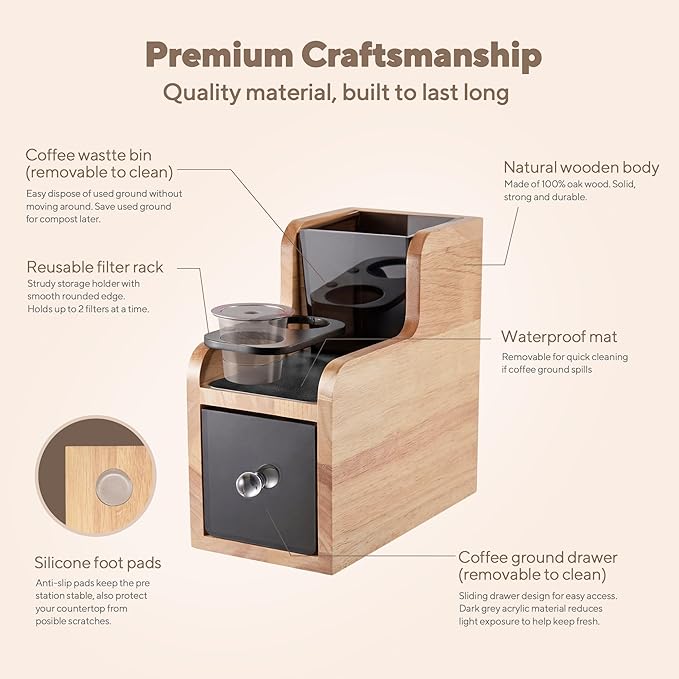 Coffee Pod Maker Stand, Solid Wood Reusable K-Cup Filter Holder & Filling Station with Coffee Ground Storage Drawer & Waste Bin, Countertop Wood Coffee Bar Organizer, Easy Daily Refill (Oak)