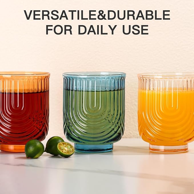 JOVGANK Colored Vintage Drinking Glasses Set of 6-14Oz Colorful Drinking Glasses, Art Deco Ripple Highball Glass, Whiskey Cocktail Glasses, for Bar Coffee Juice, Housewarming Gift