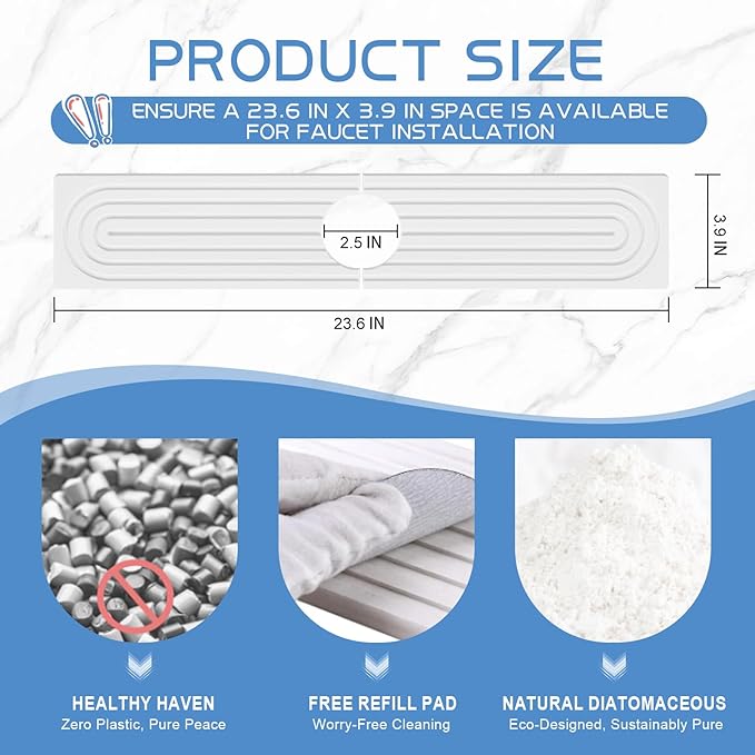 Stone Faucet Mat for Kitchen Sink, Water Absorbent Fast Drying Stone Tray for Sink , Quick Dry Diatomite Splash Guard for Bathroom Counter to Prevent Moisture Buildup, 23.6" x 4", White