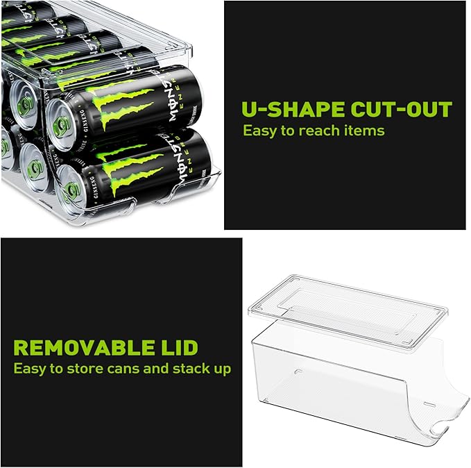 SCAVATA Soda Can Organizer for Refrigerator for Tall Cans of 16oz & 17oz, Stackable Beverage Cans Container Holder Dispenser with Lid for Fridge Pantry Rack Freezer (One Pack)