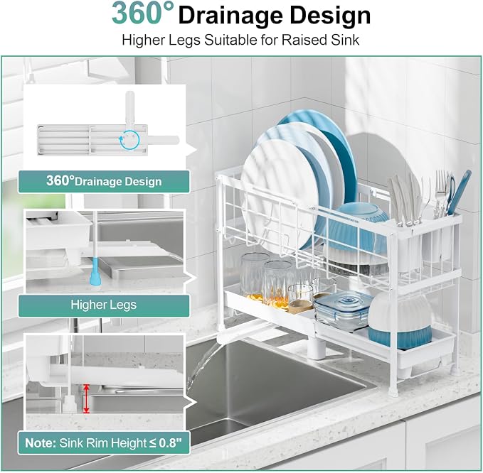 GSlife Narrow Dish Drying Rack - Expandable Small Dish Rack for Kitchen Counter, 2 Tier Adjustable Capacity (15.7''-20.7''L) Dish Drainer Rack with Removable Cutlery Holder, White