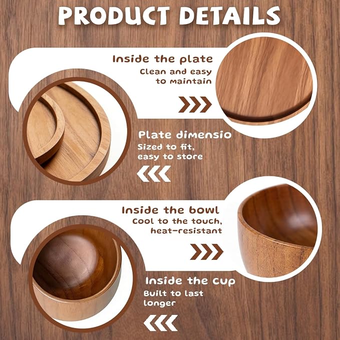 Wood Dinnerware Set,8 Inch 10 Inch Round Plates,Bowls and Cups,16 Pcs | 4 Person Wooden Dinner Ware Set,for Meals,Snacks and Desserts