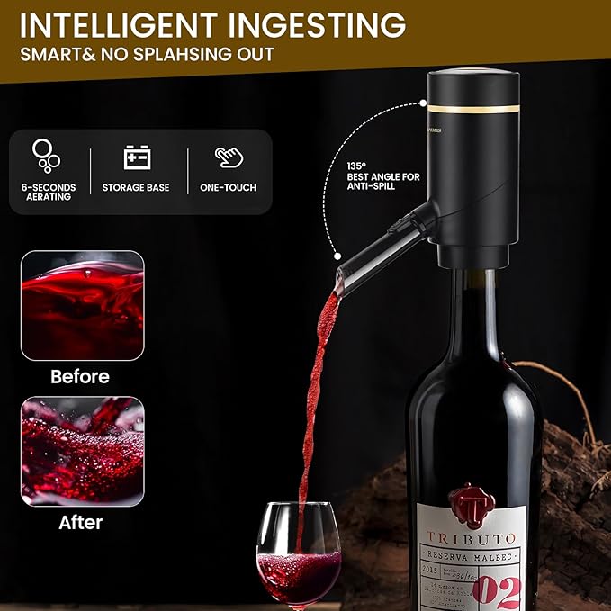 BLUBYEES 3-in-1 Electric Wine Aerator & Decanter Set with Stand Base - Automatic Pump Dispenser, Retractable Tube, and Built-in Pourer, Ideal Gift for Wine Lovers