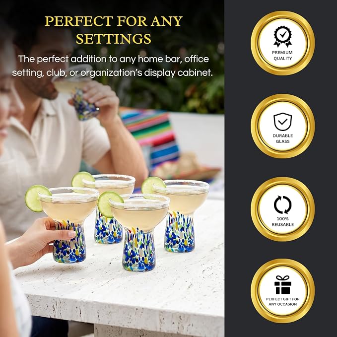 Stemless Margarita Glasses – Set of 4-6oz Luxury Hand Blown Confetti Margaritas, Martini, Cocktails, Water, Wine, Dessert & Champagne Glassware Cinco de Mayo, Hand Blown - Mexican Confetti Glass