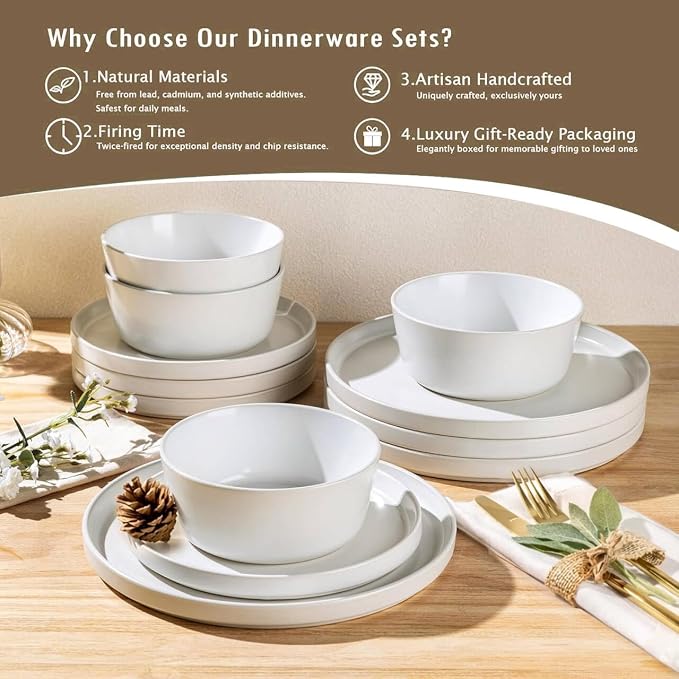 AmorArc Ceramic Dinnerware Sets for 4, Modern Flat Stoneware Plates and Bowls Sets,Chip and Crack Resistant | Dishwasher & Microwave Safe Dishes Set,Scratch Resistant- Service for 4 (12pc)-Matte White