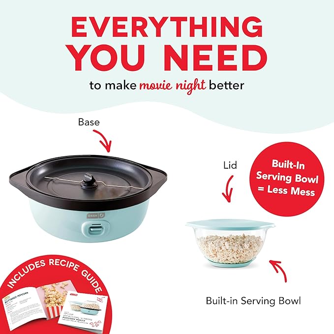 Dash SmartStore Deluxe Stirring Popcorn Maker - Hot Oil Electric Popcorn Popper with Butter-Warming Tray, Clear Serving Bowl, Storage Lid & Measuring Cup - 24 Cups, Aqua