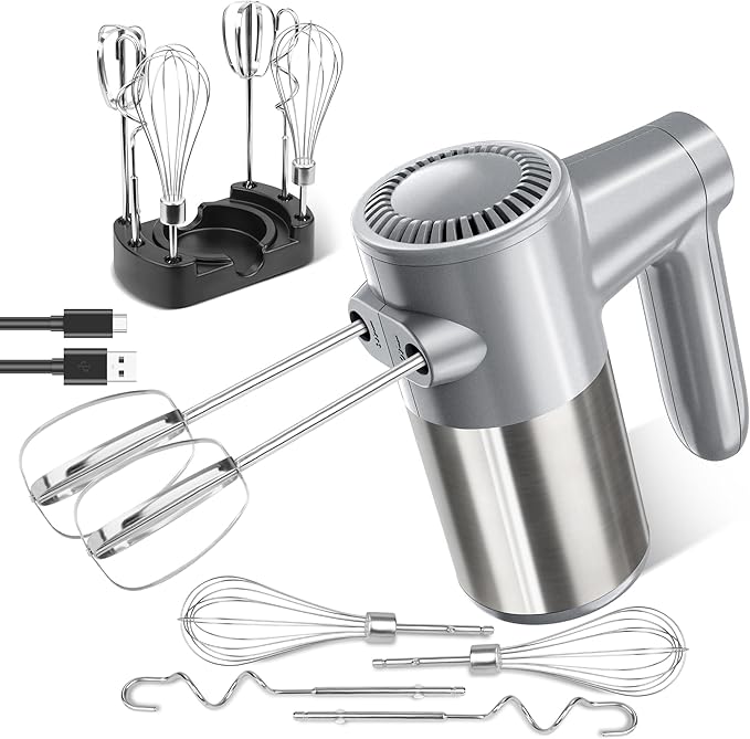 Cordless Electric Hand Mixer, 7 Speed Rechargeable Wireless Handheld Mixer with Eject Button, Long Battery, Quiet Anti-Splash, 6×304 Stainless Steel Attachments & Storage Base for Baking (Silver)