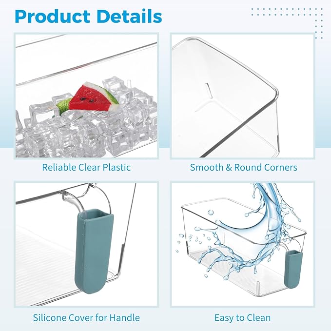 2 Pcs Ice Bin with Scoop and Tong, Ice Bucket with Handle for Freezer, 2 Sizes Clear Plastic Ice Container for DIY Drink Summer Party, 12.2 x 6.9 x 4.3 in, 12.2 x 4.9 x 4.3 in, Cyan