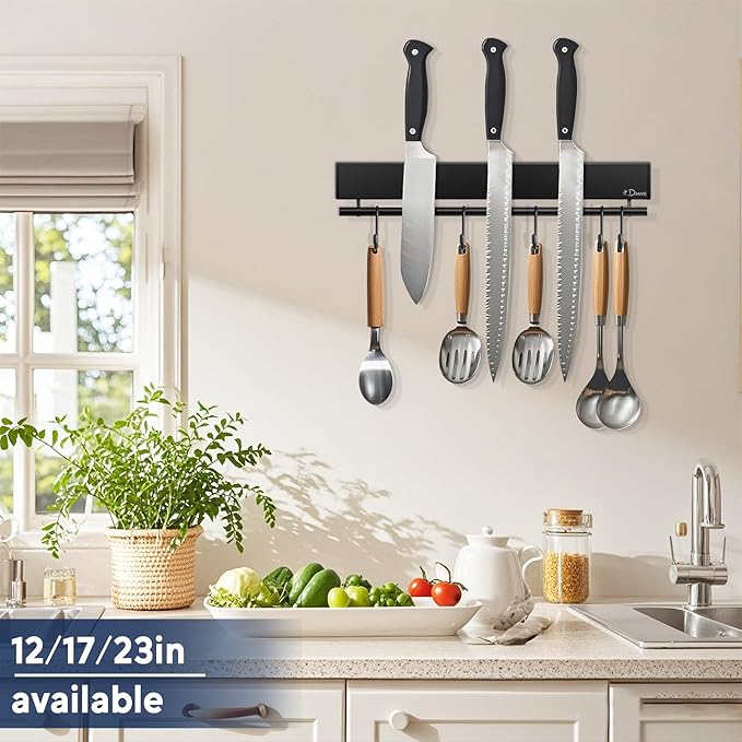 Dmore magnetic knife holder for wall—with 5 hooks, No Drilling 12 Inch black knife magnetic strip, Extra Strong Magnet knife rack, include Adhesive Tape and screws for Knives and Tools