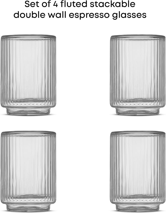 JoyJolt Haven Fluted Stackable Espresso Cups Set of 4, 2.5oz Ribbed Double Wall Glasses, Stacking Insulated Coffee Cup Set, Small Glass Coffee Cups for Espresso Machine Accessories