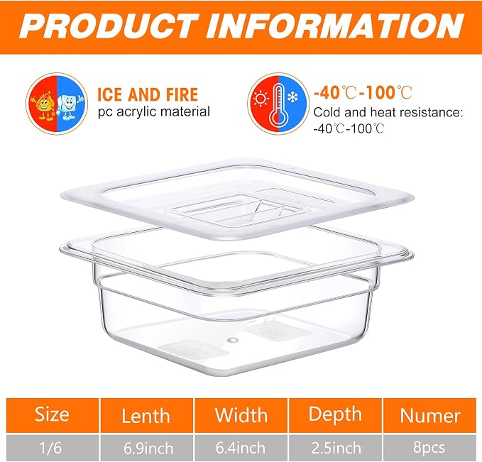 Sieral 1/6 Size Clear Food Prep Containers with Lids - Durable Polycarbonate Salad Bar Food Storage Pans for Commercial Kitchen, Restaurant, and Buffet Use