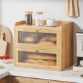 Kitsure Bread Box - 2-Tier Bamboo Bread Box for Kitchen Countertop, Bread Storage Container with Magnetic Acrylic Door, Pantry Organizers and Storage for Loaves, 15" x 9.8" x 13.2", Natural