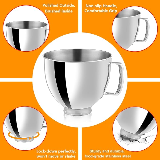 5QT Stainless Steel Mixer Bowls with Handle Fit for KitchenAid 4.5 & 5-Quart Tilt-Head Stand Mixers Replacement/Accessories Bowl for Mixer Dishwasher Safe Oven Safe Easy to Clean Polished