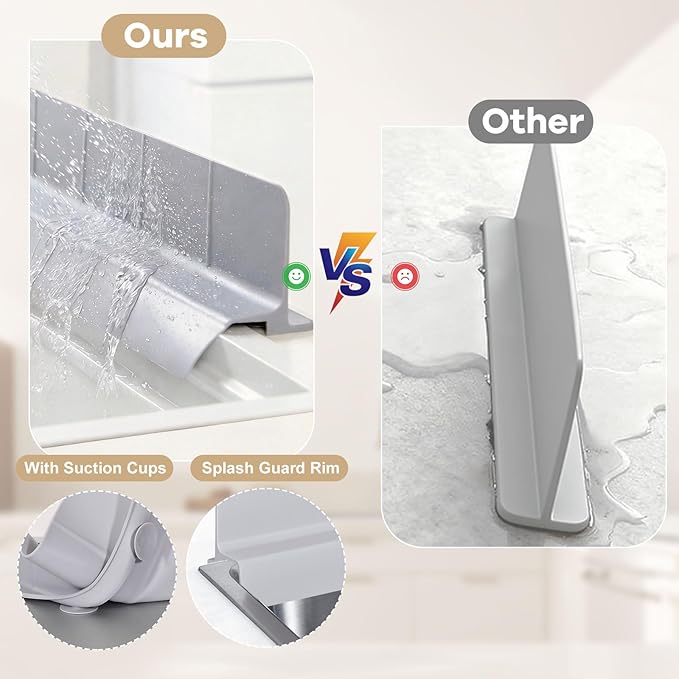 Sink Splash Guard with Suction Cups, 23", Silicone Water Guard for Kitchen & Bathroom, Faucet & Countertop Protector, Easy Install, Dishwasher Safe
