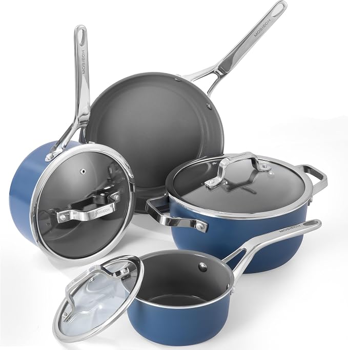 7-Piece Blue Ceramic Nonstick Cookware Set, Pots & Pans | 4 pots, 3 clear lids; stay-cool grips; 100% PFAS-free; 480°F oven & dishwasher safe; heavy daily family cooking routines