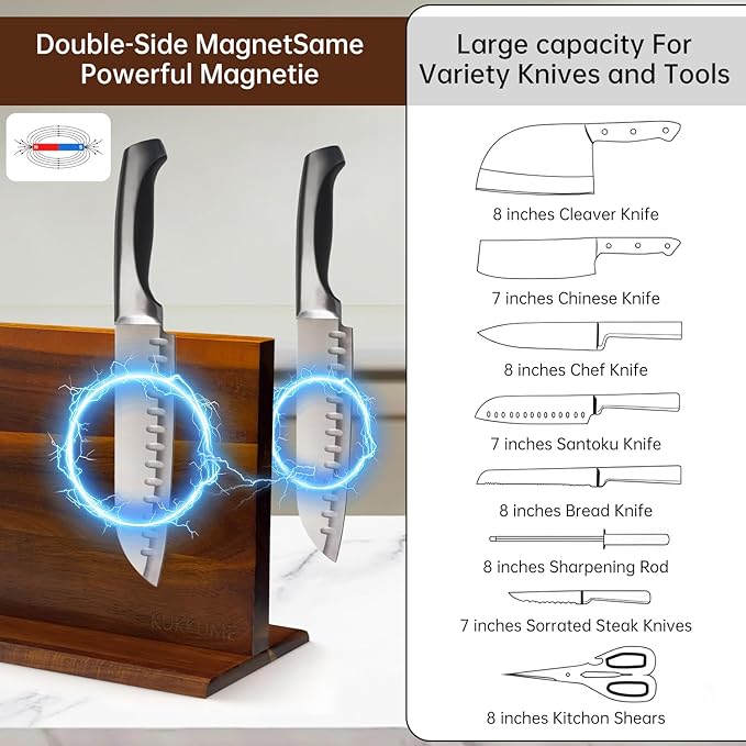 Magnetic Knife Block 14.9 x 10 inch Double Sided Magnetic Knife Holder Rack Acacia Wood Magnetic Knife Stand Knives Storage Rack with Knife Sharpener