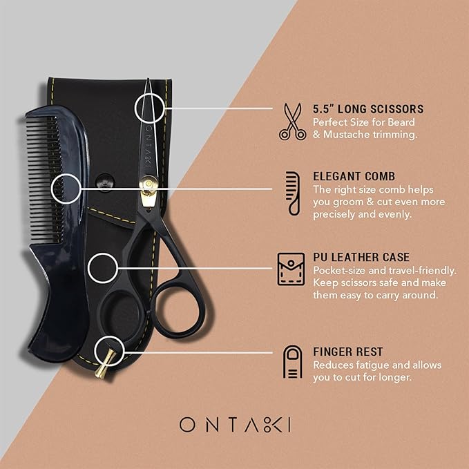 Ontaki Beard and Mustache Scissors for Men - 5.5 in, Black, Left Hand - 420C Japanese Steel Precise Sharp Blades - Complete Grooming Kit with Mustache Comb & Scissors Set