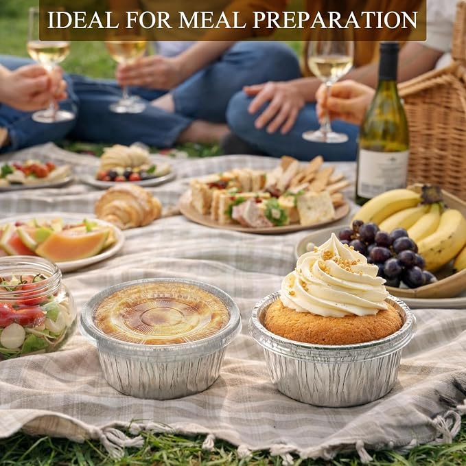 Domensi 100 Pcs 4'' Aluminum Pie Pans with Lids Bulks 5 oz Mini Disposable Pie Tins Round Foil Cup Ramekin Food Containers for Oven Cooking Takeout Storage Meal Prep Creme Brulee Cakes Sauces