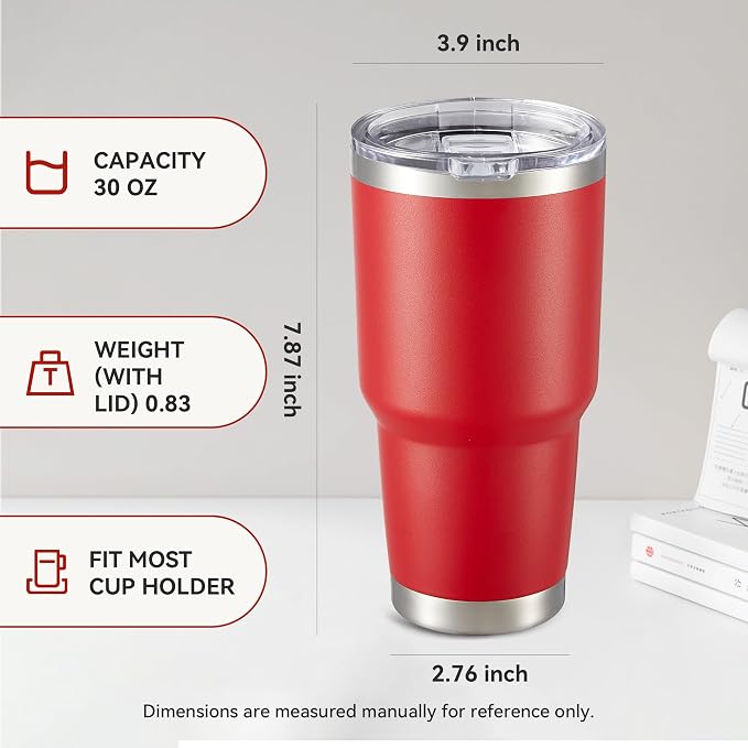 30 oz Tumbler with Lid Stainless Steel Tumblers Bulk Vacuum Insulated Cup Reusable Powder Coated Travel Mug Double Wall Leak Proof Cups Keep Cold Drinks for 12 Hours Red, Set of 8