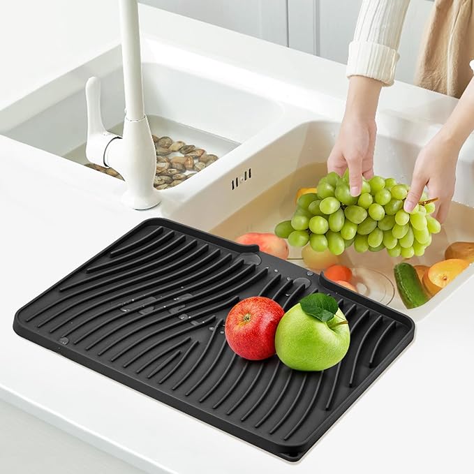 TIKNIK Silicone Dish Drying Mat, Stone Drying Mat for Kitchen Counter with Built-In Drain, Non-Slip Drain Pad with Built-in Drain, Heat Resistant Stone Drying Mat, Hangable, Black-1pc, 16" x 12"
