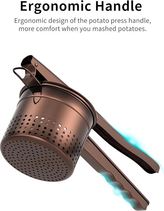 GloTika Large 15oz Potato Ricer Masher, Heavy Duty Stainless Steel Potato Masher with Ergonomic Handle, Masher and Ricer Kitchen Tool for Mashed Potatoes, Noodle Maker, Bronze Color