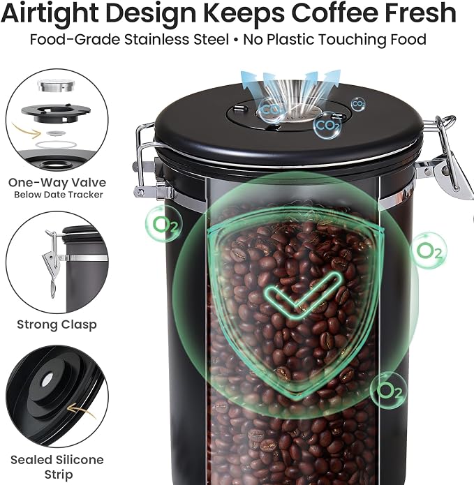 Veken Coffee Canister, 39OZ Large Christmas Coffee Lovers Gift Basket Set,Airtight Stainless Steel Food Storage Kitchen Container Gifts for 2.2lbs Beans, Ground, Sugar, Tea, Flour, Cereal, Scoop,Black